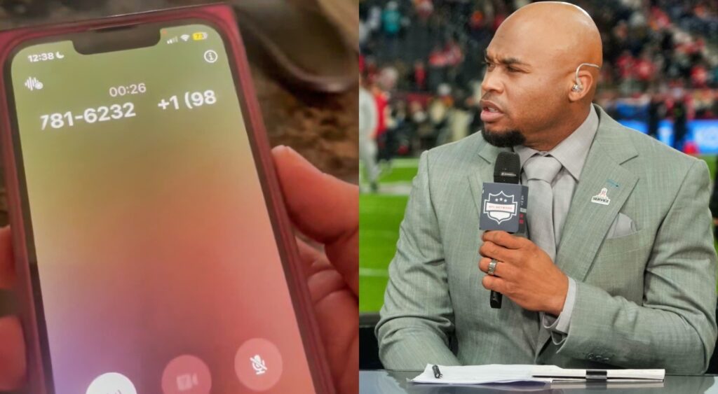 Photo of phone screen and photo of Steve Smith speaking