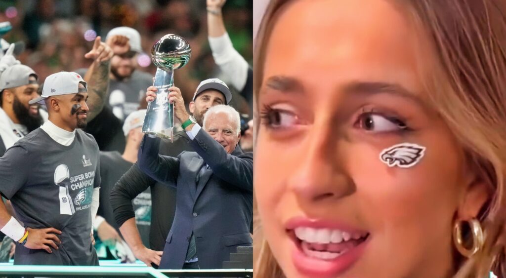 Photo of Eagles with Lombardi Trophy and photo of Tate McRae with an Eagles sticker on her face