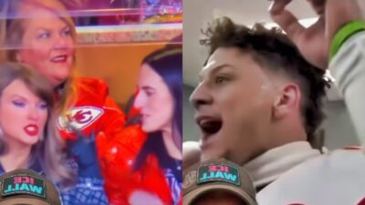 Photo of Taylor Swift speaking to Caitlin Clark and photo of Patrick Mahome in Chiefs locker room