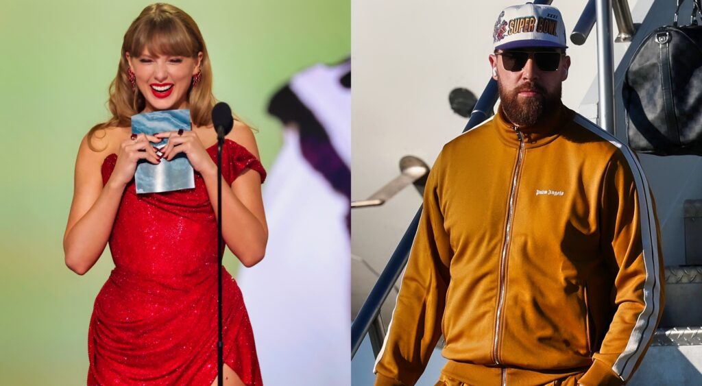 Taylor Swift at Grammys (left), and Travis Kelce getting off flight 9right)