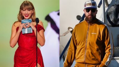 Taylor Swift at Grammys (left), and Travis Kelce getting off flight 9right)