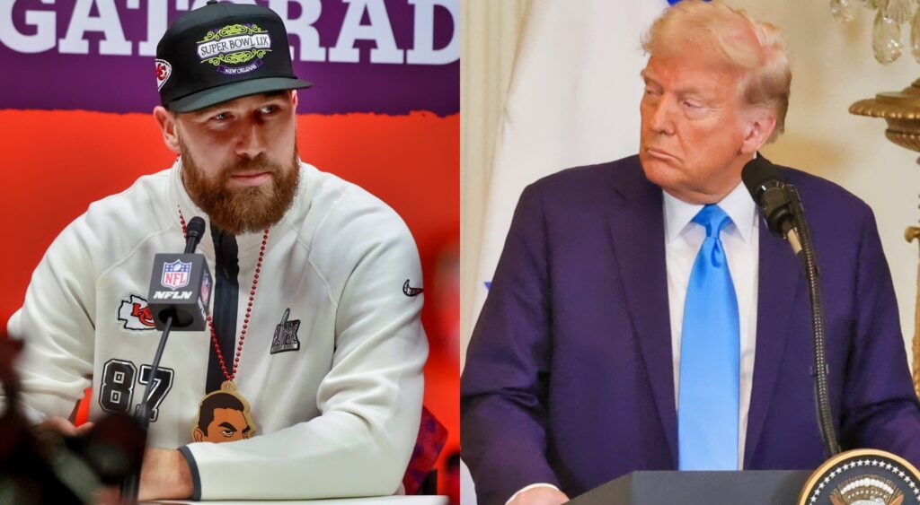 Photos of Travis Kelce and Donald Trump at press conferences