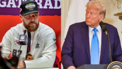 Photos of Travis Kelce and Donald Trump at press conferences