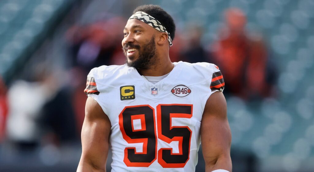 Myles Garrett of Cleveland Browns looking on.