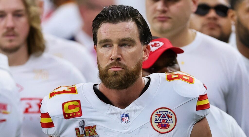 Travis Kelce looking on at Super Bowl.