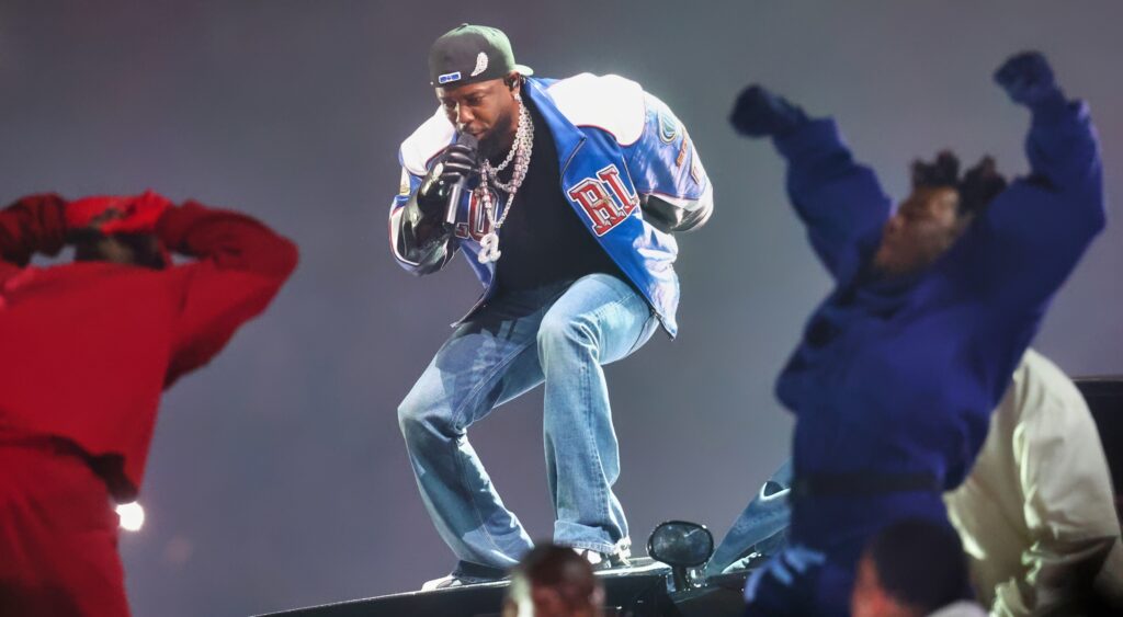 Kendrick Lamar performs during Super Bowl halftime show.