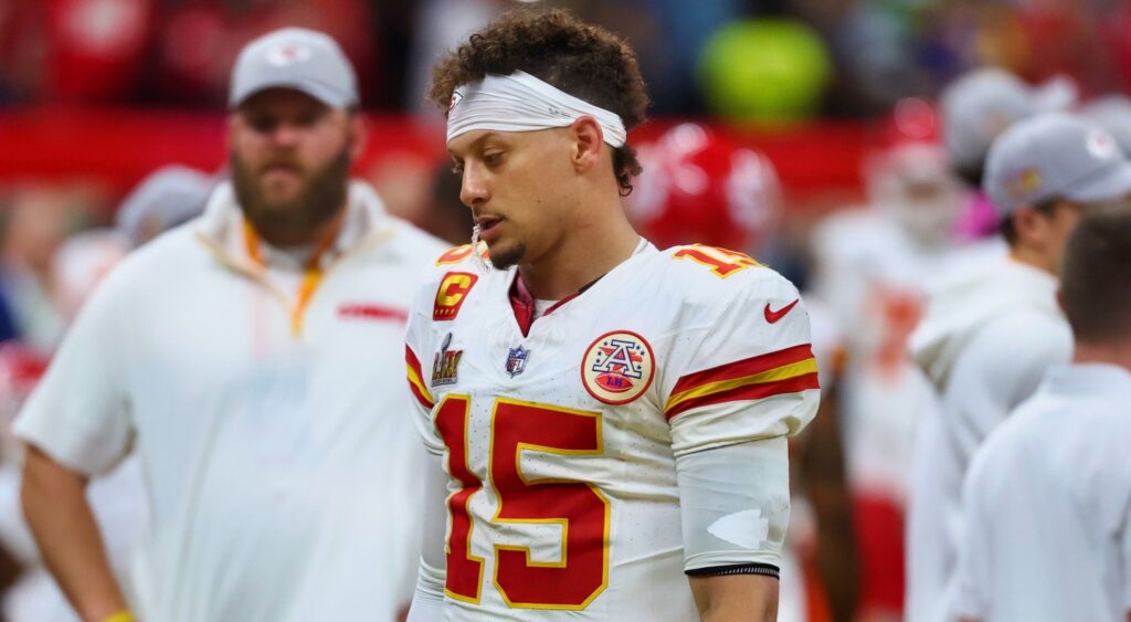 Patrick Mahomes looking on. Fans are blaming Tom Brady for the Chiefs' loss.