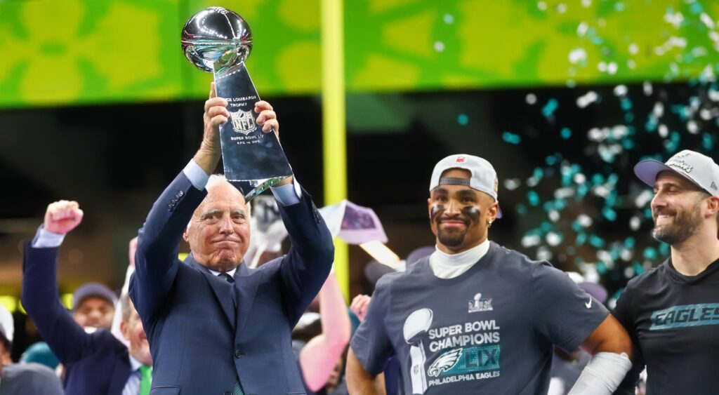 Jeffrey Lurie, Jalen Hurts and Philadelphia Eagles celebrate Super Bowl 59 win.