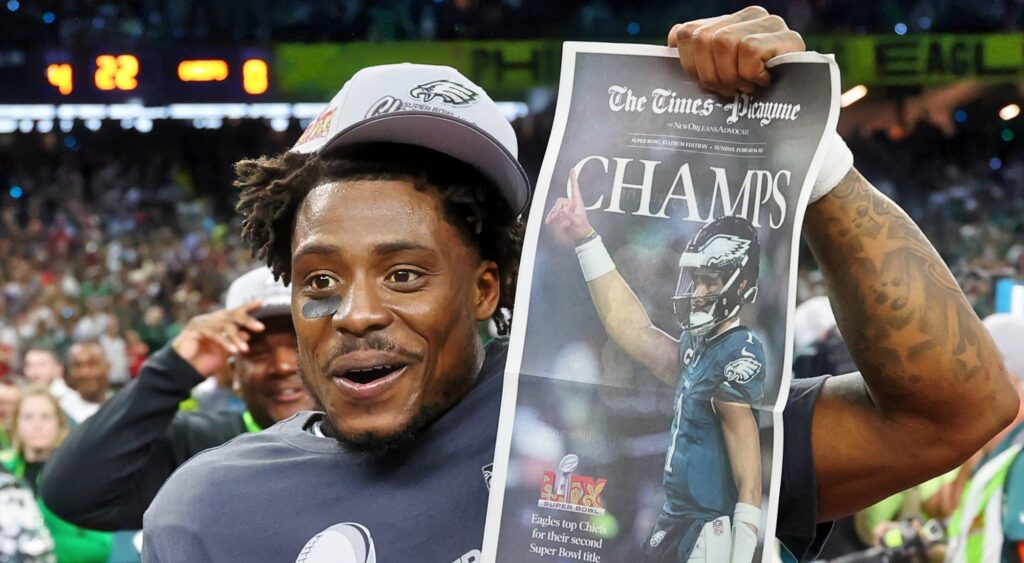 C.J. Gardner-Johnson celebrating Super Bowl 59 victory.