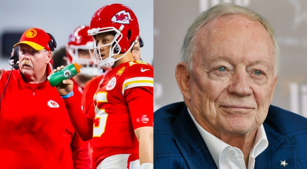 Andy Reid and Patrick Mahomes talk during game (left). Jerry Jones looks on at press conference (right). KC is projected to land Zak Martin.