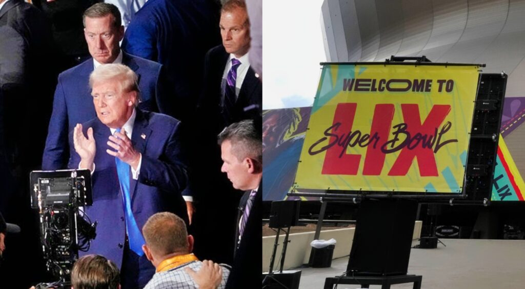 Donald Trump with secret service agents (left). Super Bowl 59 sign shown outside (right).