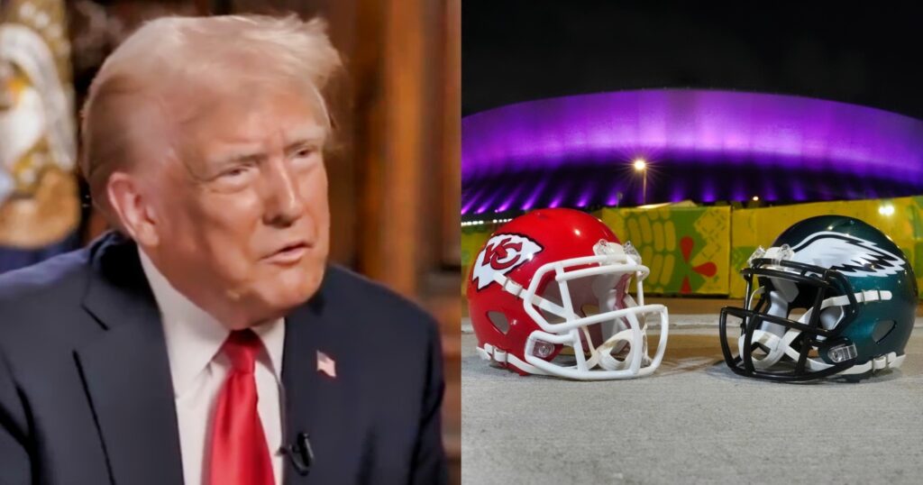 Donald Trump looking on (left). Eagles and Chiefs helmets shown at Super Bowl 59 (right).