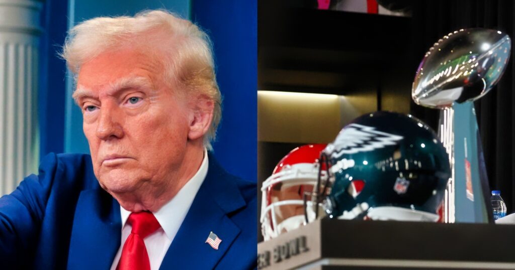 Donald Trump speaking to reporters (left). Chiefs and Eagles helmets shown with Lombardi Trophy.