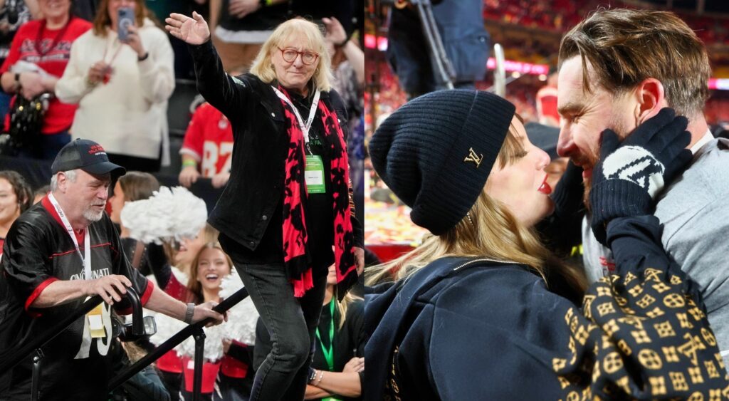 Ed and Donna Kelce at event (left). Taylor Swift embracing Travis Kelce (right).