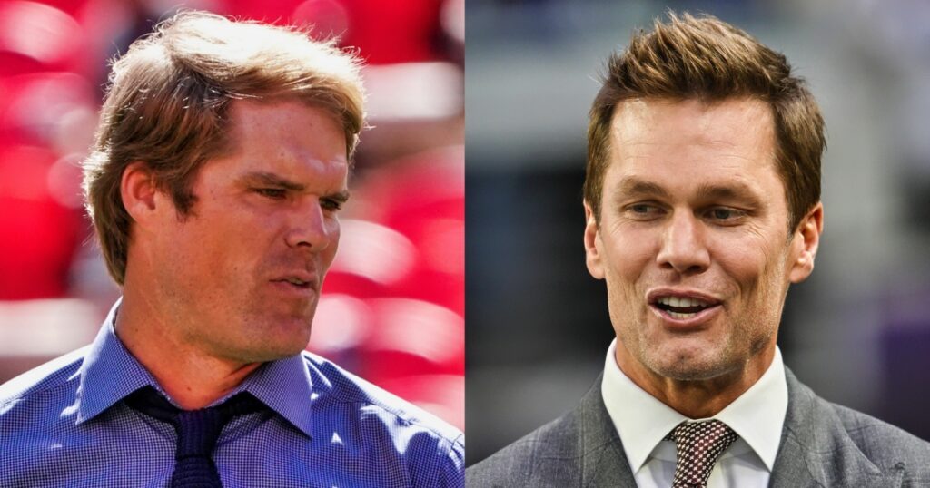 Greg Olsen looking on at game (left). Tom Brady speaking at game (right).