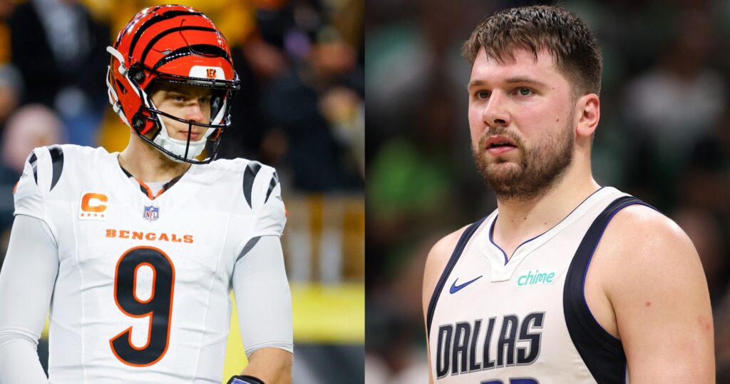 Joe Burrow looking on (left). Luka Doncic looking on (right).