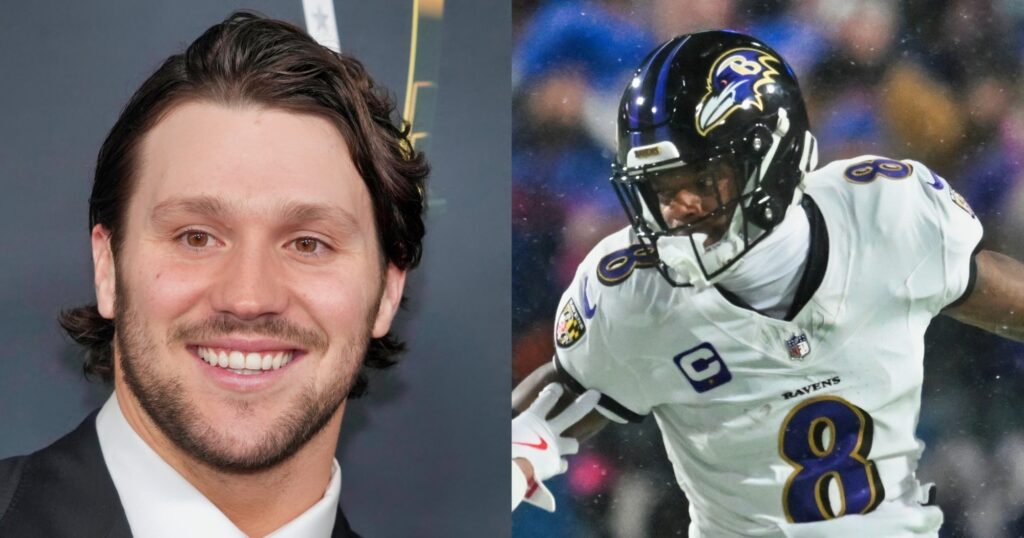 Josh Allen smiling (left). Lamar Jackson (right) running during play.