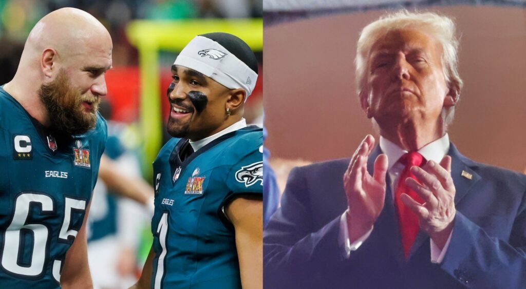 Lane Johnson and Jalen Hurts talking (left). Donald Trump clapping (right).