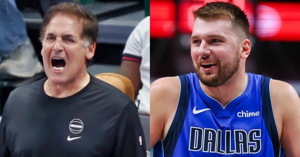 Mark Cuban reacts during game (left). Luka Doncic looks on (right).