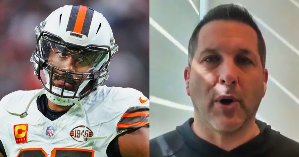 Myles Garrett looks on (left). Adam Schefter speaking on show (right)/