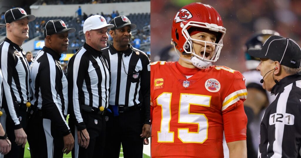 Members of NFL Referees Association  posing for photo (left). Patrick Mahomes reacts during game (right).