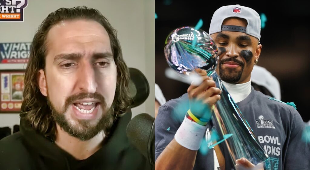 Nick Wright speaking on his show (left). Jalen Hurts holding Super Bowl trophy (right).