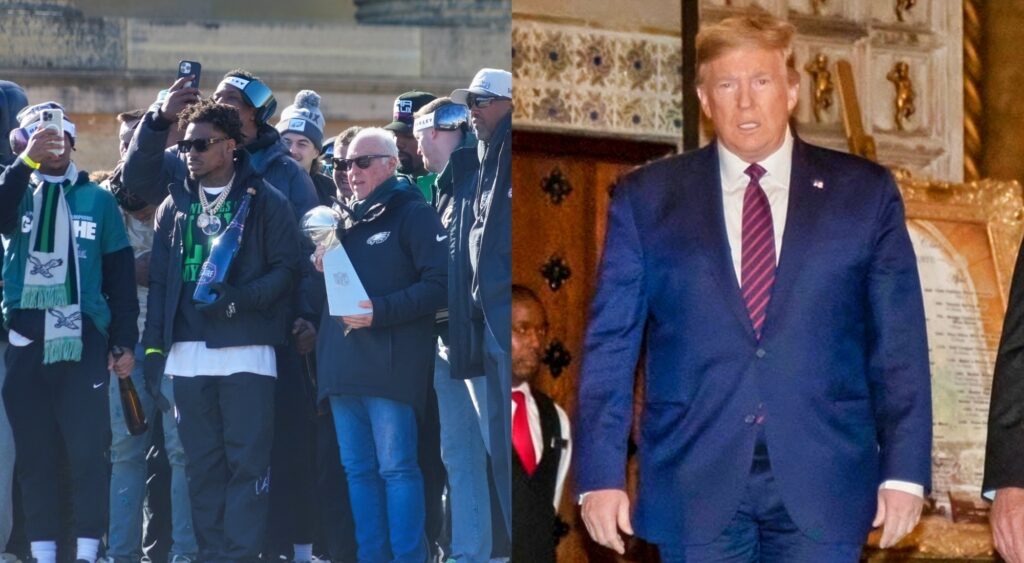 Philadelphia Eagles celebrating Super Bowl 59 trophy (left). Donald Trump looking on (right).