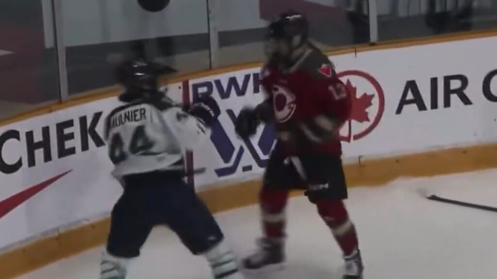 Tereza Vanišová and Jill Saulnier fighting during PWHL game.