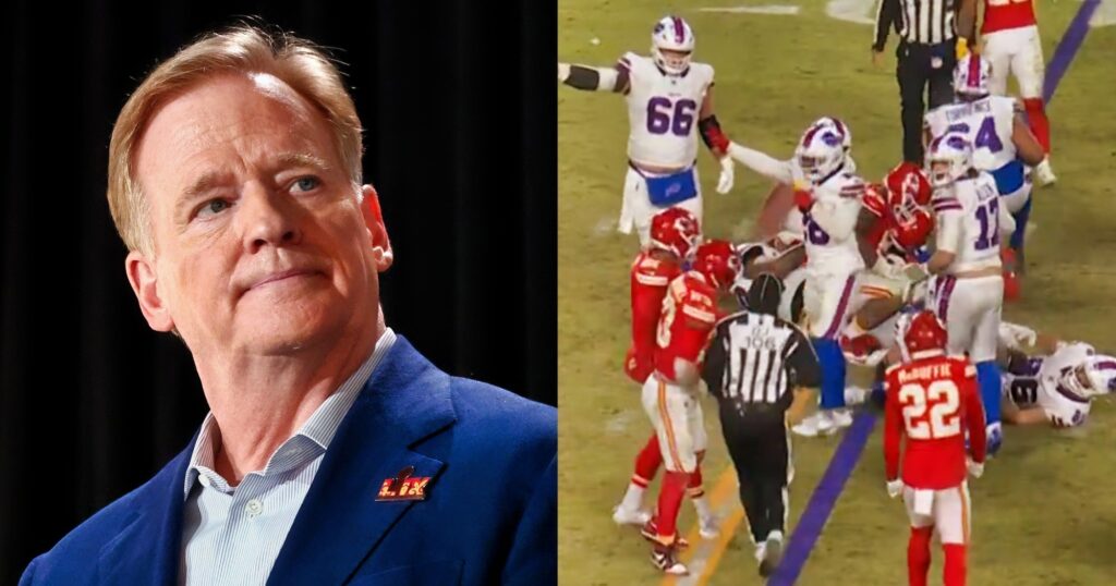 Roger Goodell looking on (left). Buffalo Bills running a play vs. Kansas City Chiefs (right).