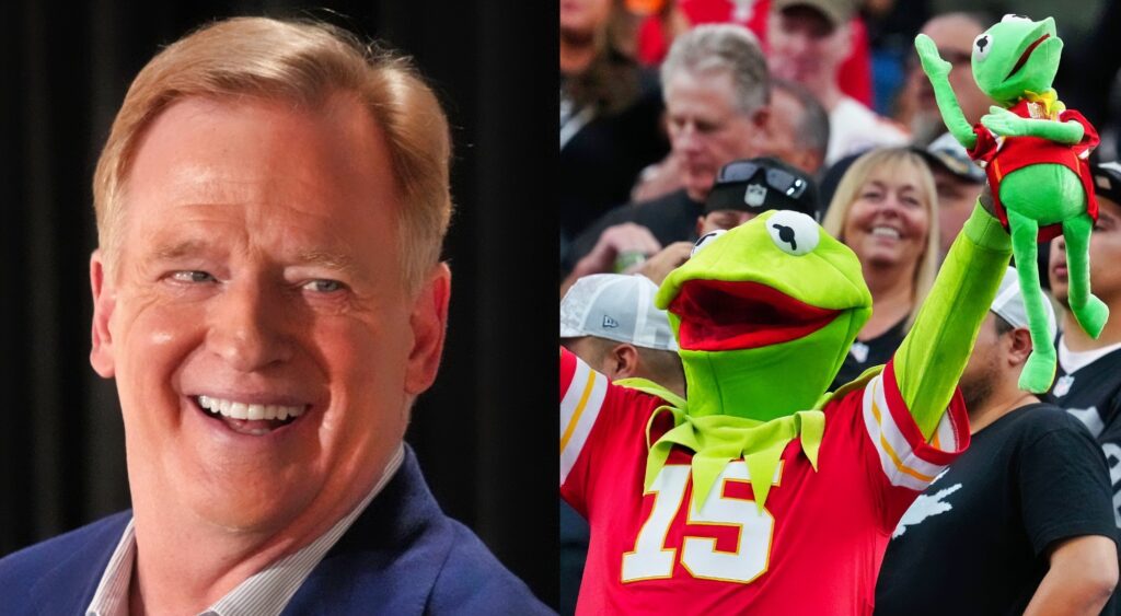 Roger Goodell smiling (left). Chiefs and holding Kermit doll (right). A change to the NFL salary cap has been made.