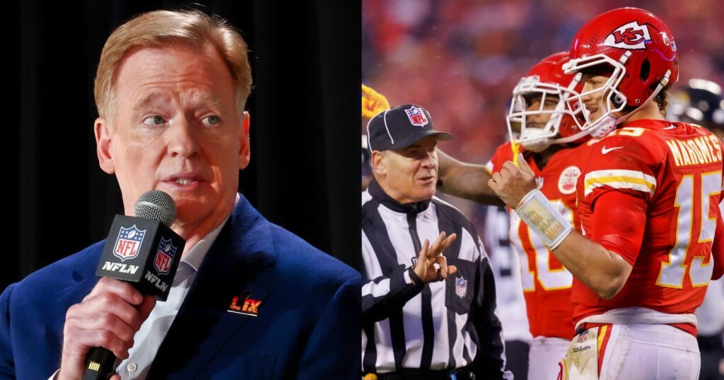 Roger Goodell speaking at event (left). Referee talking to Patrick Mahomes (right).