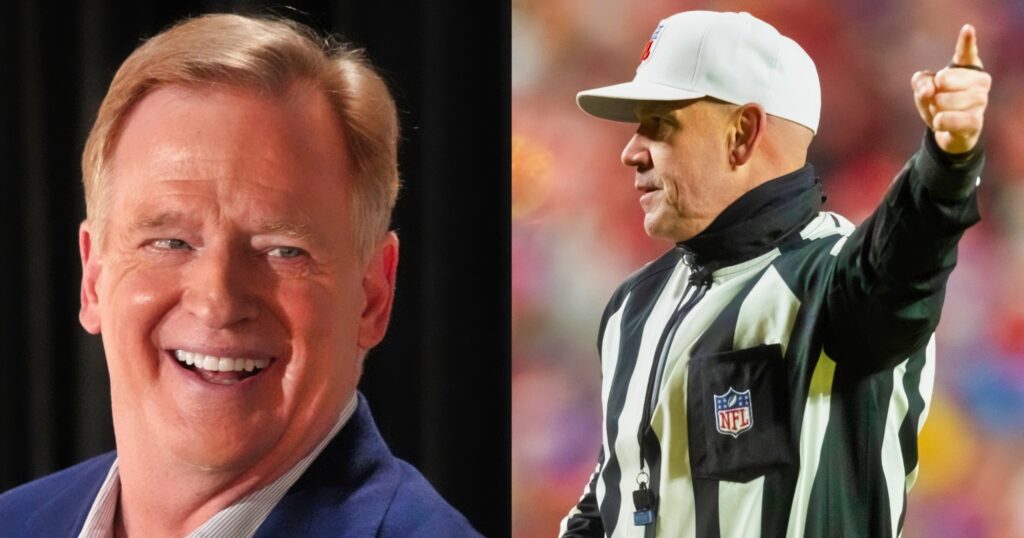 Roger Goodell smiling at event (left). Clete Blakeman making a call (right). The NFL may reportedly ban the tush push in 2025.