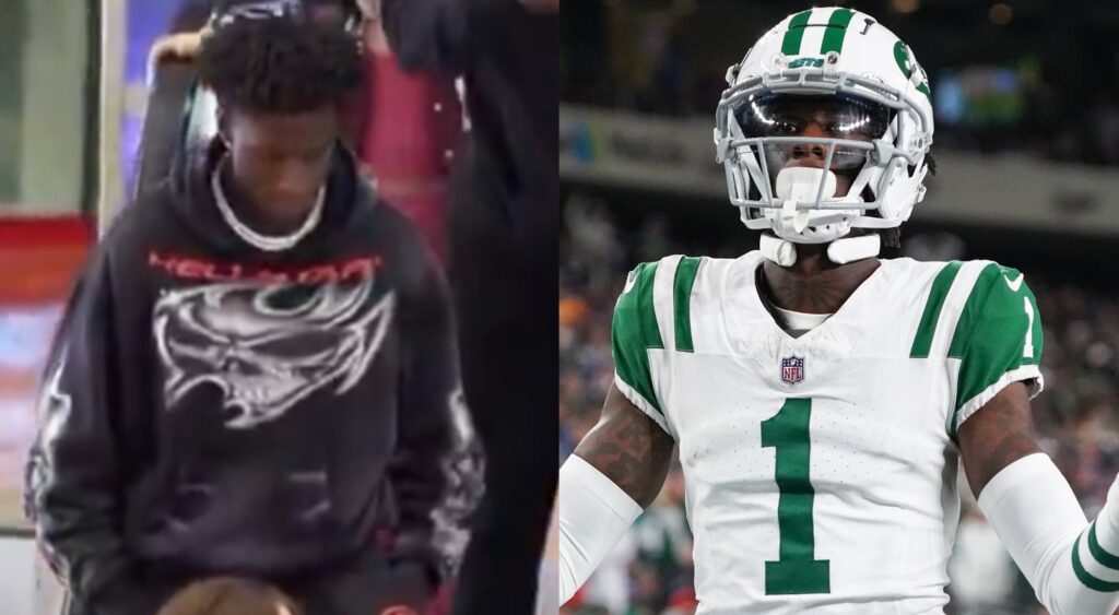 Sauce Gardner on escalator (left). Gardner reacts during game (right).