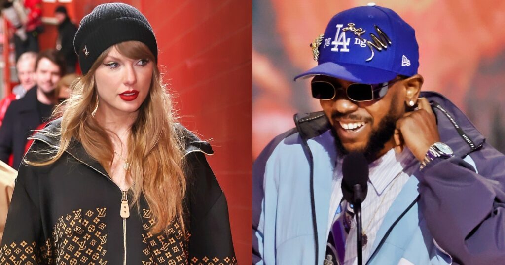 Taylor Swift looking on (left). Kendrick Lamar reacts at event (right).