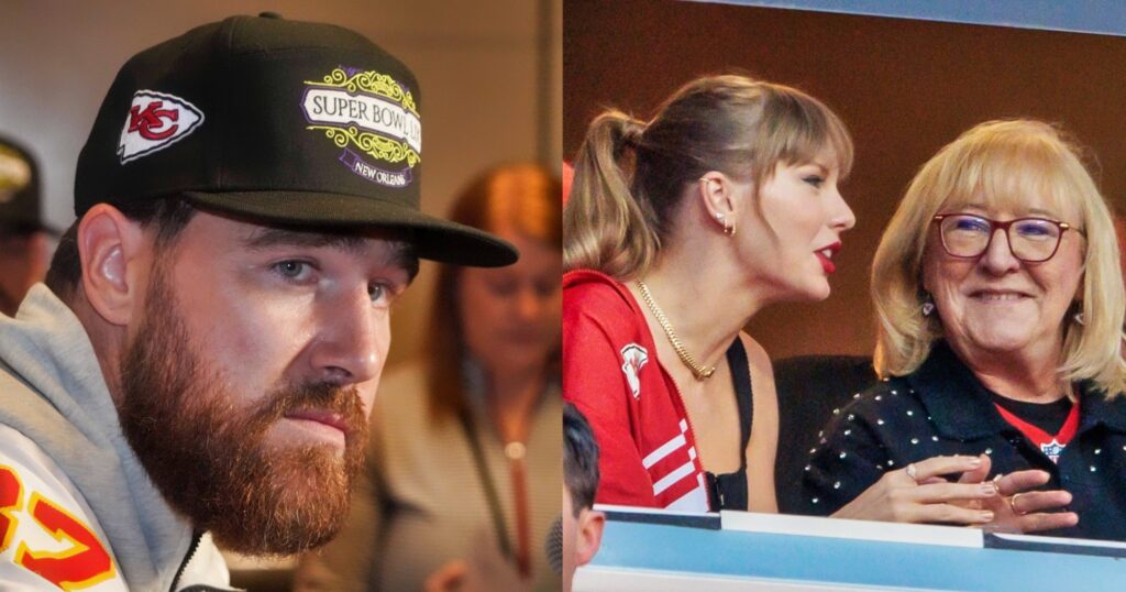 Travis Kelce looking on (left). Taylor Swift and Donna Kelce talking at game (right).