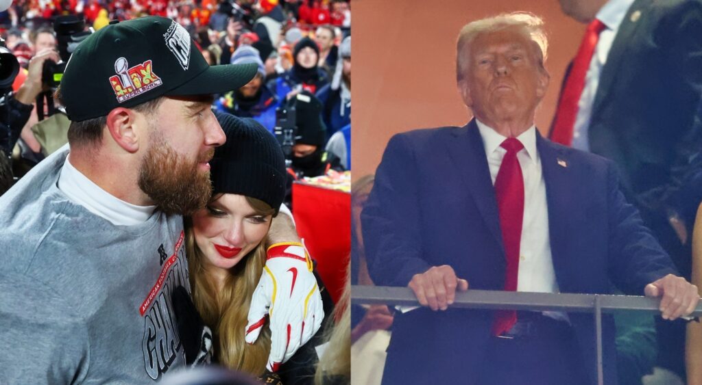 Travis Kelce and Taylor Swift hugging (left). Donald Trump looks on (right).