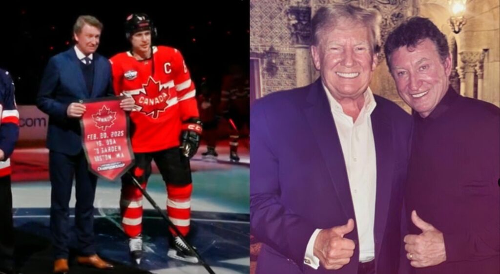 Wayne Gretzky with Sidney Crosby (left). Gretzky with Donald Trump (right).