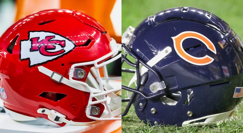 Photos of Chiefs and Bears helmet for report on Joe Thuney