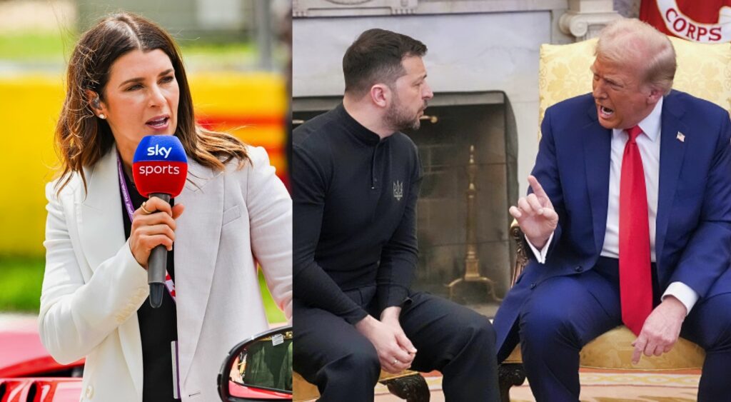 Photo of Danica Patrick holding mic and photo of Donald Trump speaking to Volodymyr Zelenskyy