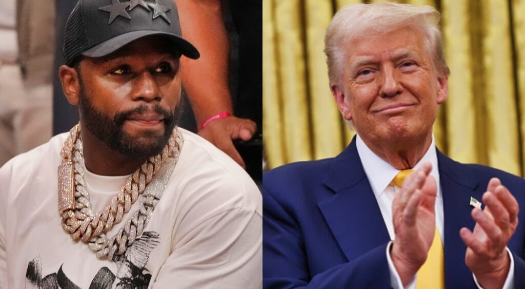 Photo of Floyd Mayweather wearing black cap and photo of Donald Trump clappping