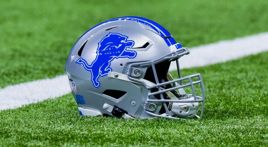 Detroit Lions helmet shown on field.